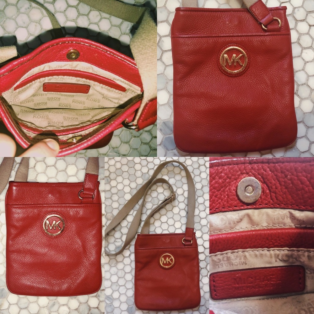 MICHAEL KORS Red Leather Crossbody with Gold MK